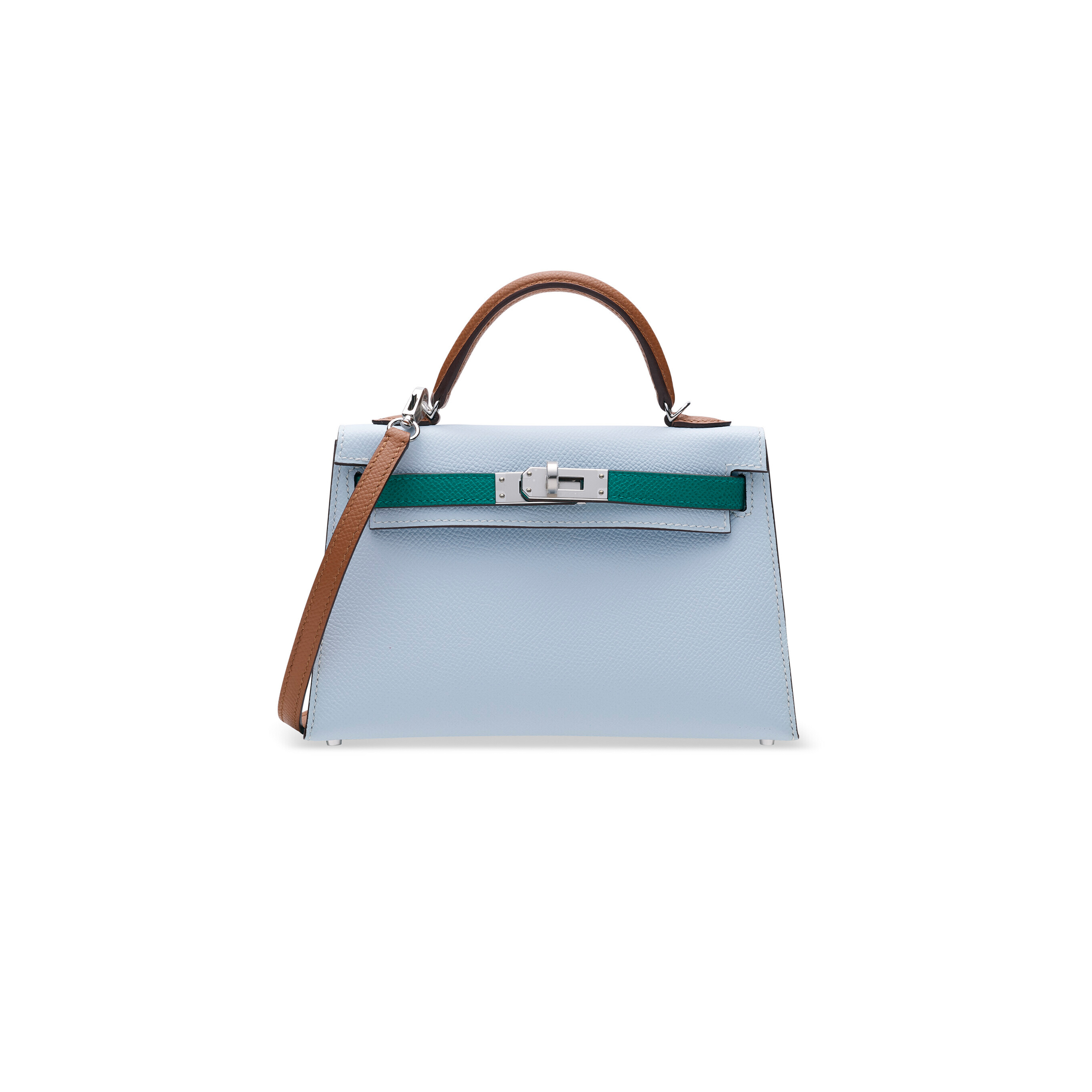 HERMÈS MASTER HAZE BLUE AND IMPERIAL GREEN AND SESAME EPSOM LEATHER TRICOLOR MINI KELLY 20 II WITH PALLADIUM HARDWARE (19*12*5.5cm)